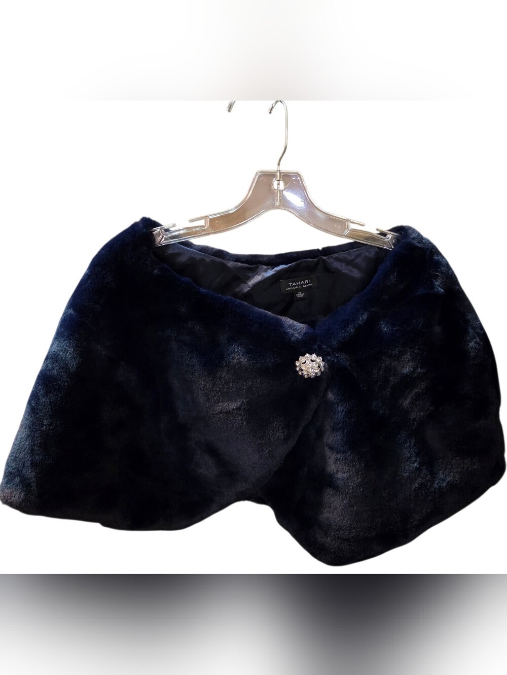 Tahari Dark Navy Faux Fur Capelet with Rhinestone Brooch